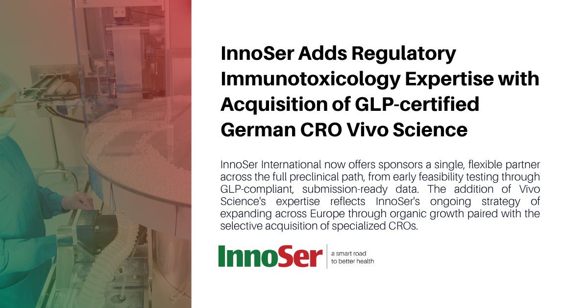 InnoSer International now offers sponsors a single, flexible partner across the full preclinical path, from early feasibility testing through GLP-compliant, submission-ready data. The addition of Vivo Science’s expertise reflects InnoSer’s ongoing strategy of expanding across Europe through organic growth paired with the selective acquisition of specialized CROs.